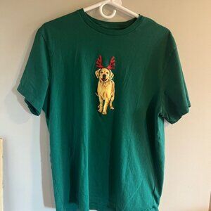 J. Crew Green Tee with Yellow golden Dog and Red Antlers Graphic